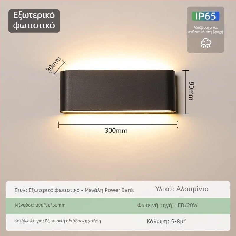 Εξωτερικός αδιάβροχος τοιχολάμπτήρας – υπερ-λεπτός, IP65, 110-275V, 15 LED, 3000K, CRI 90