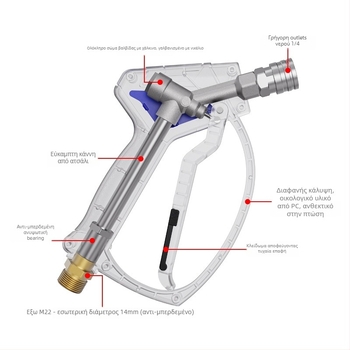 Πιστόλι νερού υψηλής πίεσης για πλύσιμο αυτοκινήτων, κεφαλή από ανοξείδωτο ατσάλι, 1/4 γρήγορη σύνδεση, πίεση 4060 psi, απόσταση ψεκασμού 1–15 μ