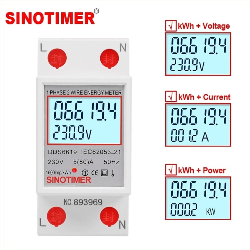 SINOTIMER DIN-ράγα ψηφιακό μονοφασικό μετρητή ενέργειας, οθόνη, 230V, 80A