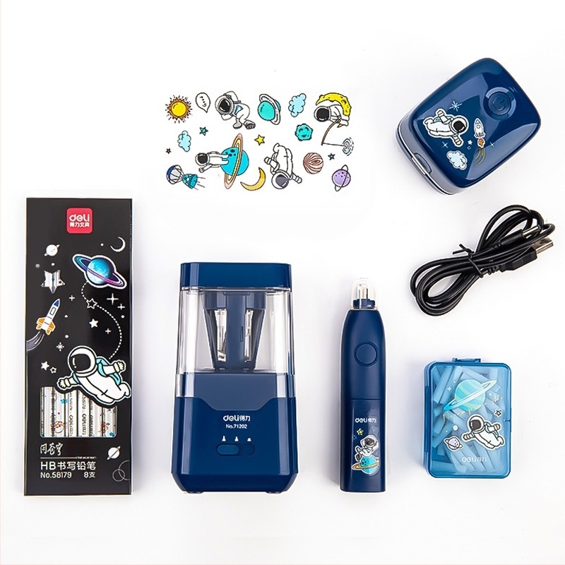 Deli 68910 Αεροδιαστημικό ηλεκτρικό σετ γραφείου με επιτραπέζιο σκουπάκι, ξύστρα μολυβιών και ηλεκτρική γόμα