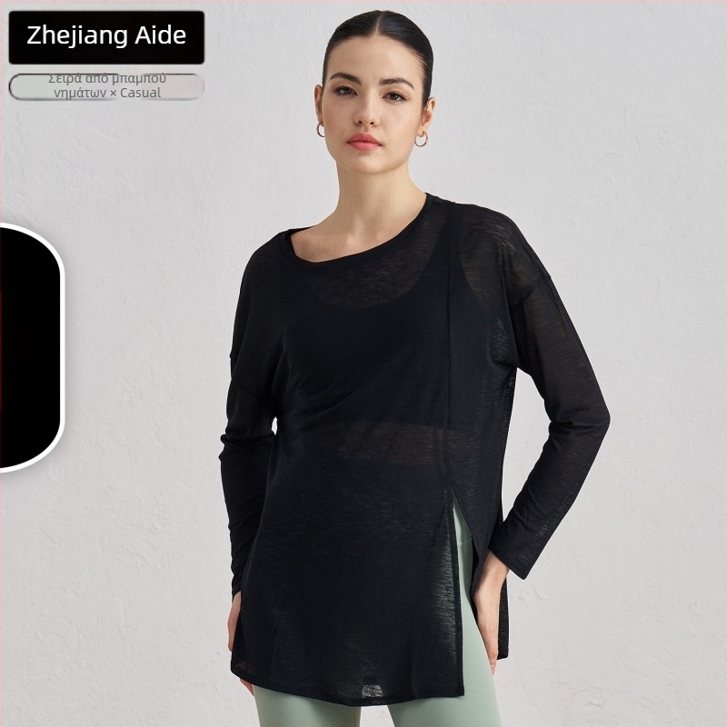 Γυναικείο κορμάκι κάλυψης γιόγκα με μακριά μανίκια, φαρδιά γραμμή, slub νήμα ελαφρύ, 100% πολυεστέρας, σχισμή στο τελείωμα