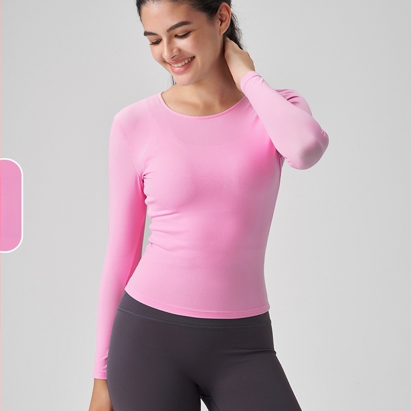 Γυναικειό μακρύρραυχο αθλητικό τοπ με στρογγυλό λαιμό – στενή γραμμή, διαπνέουσα νάιλον-σπάντεξ 91%/9%, μήκος στους γοφούς, για τρέξιμο, γυμναστική και γιόγκα