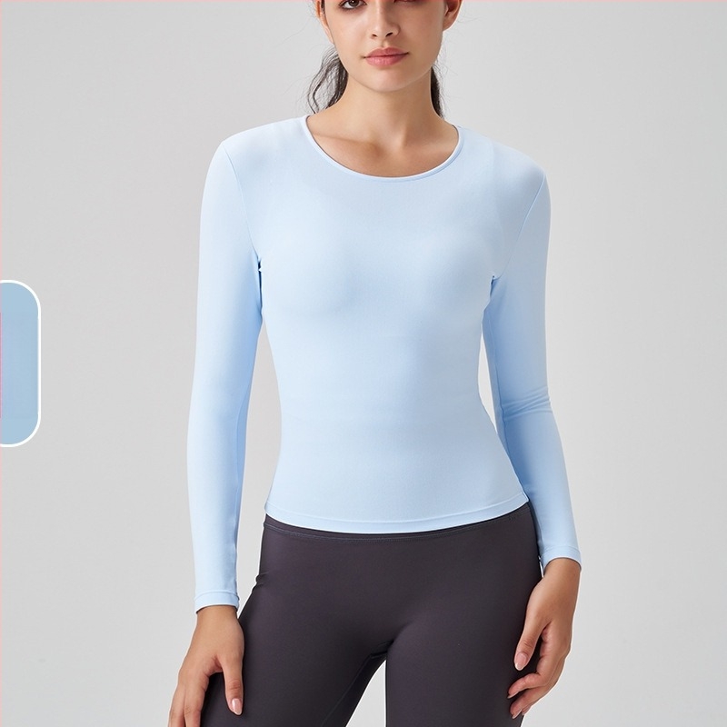 Γυναικειό μακρύρραυχο αθλητικό τοπ με στρογγυλό λαιμό – στενή γραμμή, διαπνέουσα νάιλον-σπάντεξ 91%/9%, μήκος στους γοφούς, για τρέξιμο, γυμναστική και γιόγκα