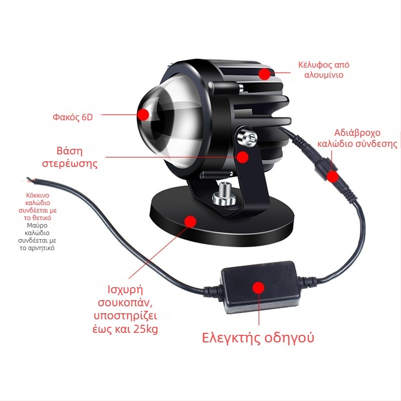 LED προβολέας αυτοκινήτου με υψηλό φωτισμό και υπερλαμπρός φακό, LED πηγή 1W, 12–24V, κατάλληλο για φορτηγά