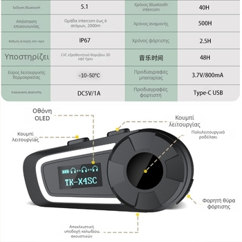 Σετ επικοινωνίας κράνους μοτοσικλέτας TK-X4SC, εμβέλεια 100 m, Bluetooth 5.0, μπαταρία 40 h, αδιάβροχο και ανθεκτικό στη σκόνη