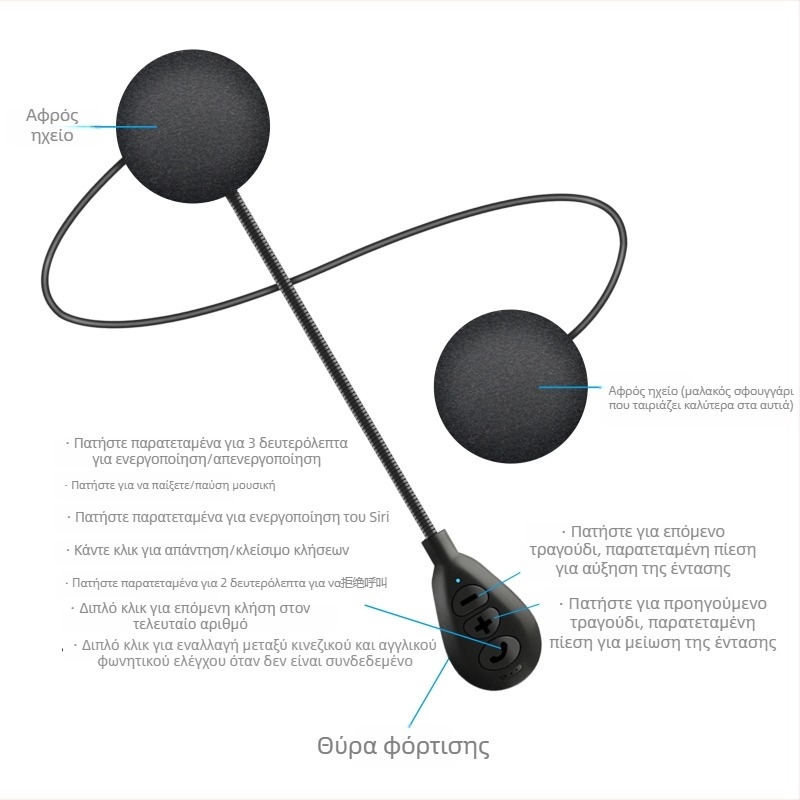 Ακουστικό Bluetooth για κράνος μοτοσικλέτας με Μείωση Θορύβου, Bluetooth 5.0, Εμβέλεια 10 μ., Ζωή Μπαταρίας 4–8 ώρες, Στερεο Ήχος