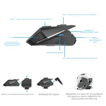 Ασύρματο ακουστικό για κράνος μοτοσικλέτας με στερεο ήχο, αυτόματη απάντηση κλήσεων, εμβέλεια 10 m, Bluetooth 5.0, πάνω από 8 ώρες μπαταρία
