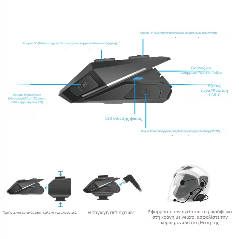 Ασύρματο ακουστικό για κράνος μοτοσικλέτας με στερεο ήχο, αυτόματη απάντηση κλήσεων, εμβέλεια 10 m, Bluetooth 5.0, πάνω από 8 ώρες μπαταρία