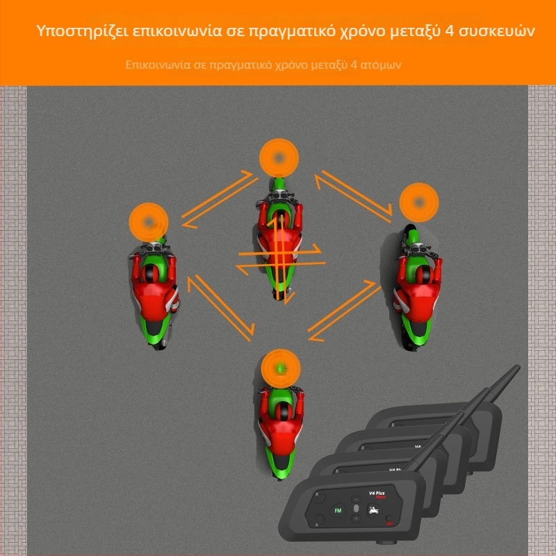 V4 κράνος μοτοσικλέτας με Bluetooth intercom για τέσσερις – ζωντανή επικοινωνία έως 1500 m, IP67 αδιάβροχο, Bluetooth 5.0 πολλαπλών σημείων, αυτονομία 30 h, μείωση θορύβου
