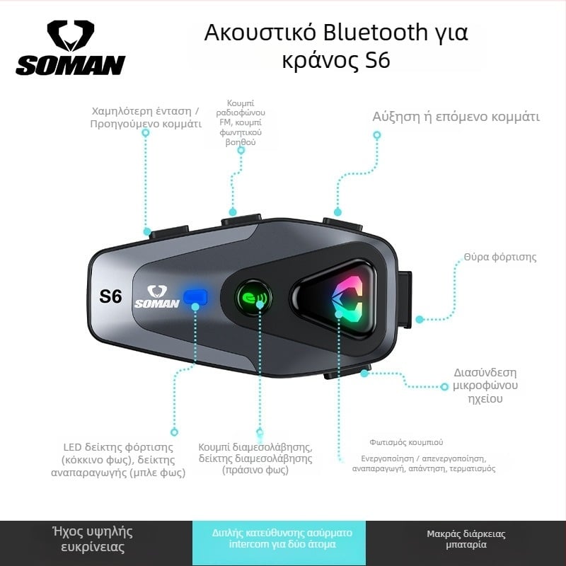 SOMAN Bluetooth ακουστικό για κράνος μοτοσικλέτας — Αδιάβρονο S6, εμβέλεια 10 m, 25 h μπαταρία, Bluetooth 5.0, ήχος 3D στερεο