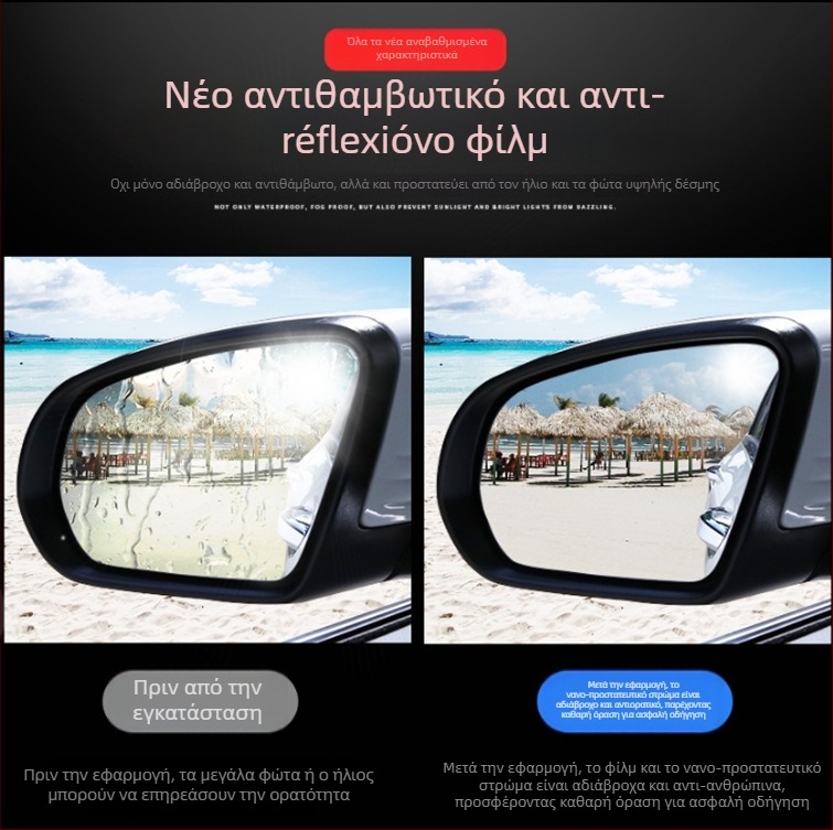 Μεμβράνη Αντοχής στη βροχή για τους πίσω καθρέφτες Porsche Cayenne, Panamera, Macan (2011–2017) – φιλμ PET, πάχος 0.13 mm, UV προστασία 10%, διαπερατότητα φωτός 10%, ανάκλαση ορατής ακτινοβολίας 99%