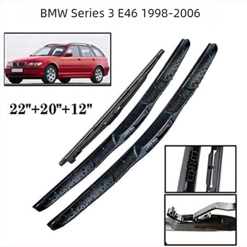 Ανταλλακτικά υαλοκαθαριστήρων για BMW 3 Series E46 station wagon (1998-2006) – εμπρός και πίσω, μοντέλο KJ-197; γωνία σκουπίσματος 180°; τάση 12V; υλικό: φυσικός καουτσούκ με υψηλής ποιότητας μεταλλική πλάκα