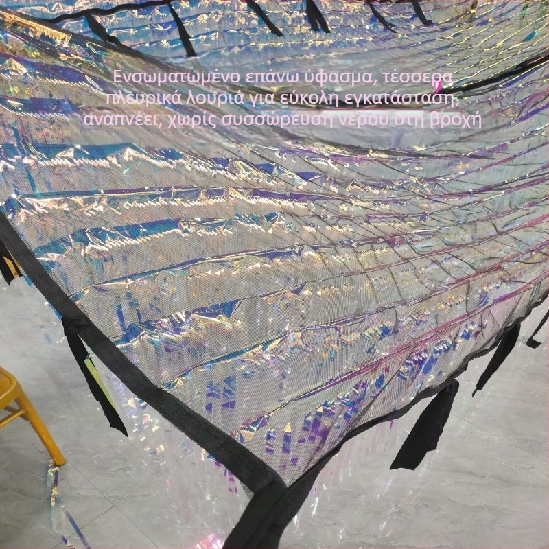 Γαλαξιακός θόλος διακόσμησης χώρων – εγκατάσταση οροφής με κουρτίνα βροχής, φόντο τοίχου με λέιζερ, λεπτομέρειες από κορδέλες