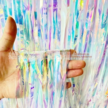 Αξεσουάρ διαμόρφωσης χώρου για πάρτι: κουρτίνα λέιζερ-βροχής με φούντες ως φόντο οροφής; κατάλληλο για βραδινά πάρτι και κοντσέρτα; υλικό: πλαστικό; τύπος υλικού: κορδέλα.