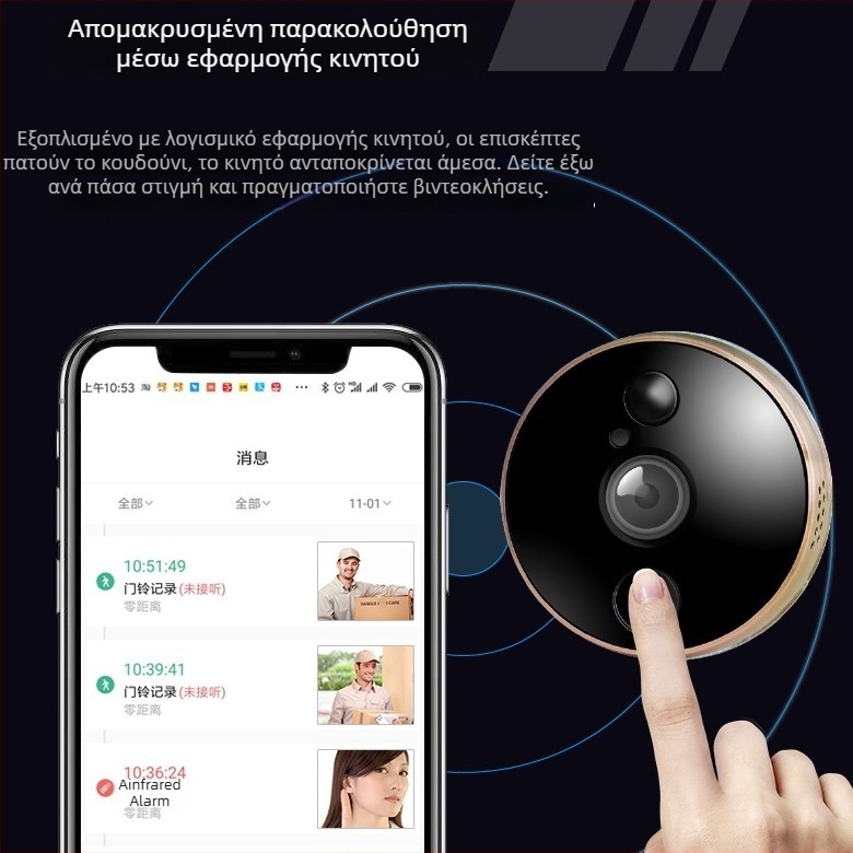 WiFi βιντεοθύρα πόρτας με εφαρμογή κινητού, απομακρυσμένος ενδοεπικοινωνία και έξυπνο βλέμμα πόρτας (μπαταρία λιθίου)