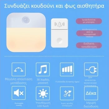 WB06-2 Ασύρματος κουδούνι πόρτας με αισθητήρα φωτός και τηλεχειριστήριο, τροφοδοσία με μπαταρία AA, 4,5V, 38 ήχοι κουδουνίσματος