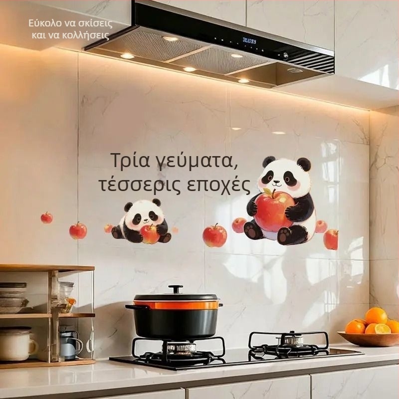 Αυτοκόλλητο τοίχου κουζίνας – Panda Apple μοτίβο, ανθεκτικό σε λιπαρά, καρτούν επίπεδη διακόσμηση, 1 τεμάχιο, φιλμ πλαστικό