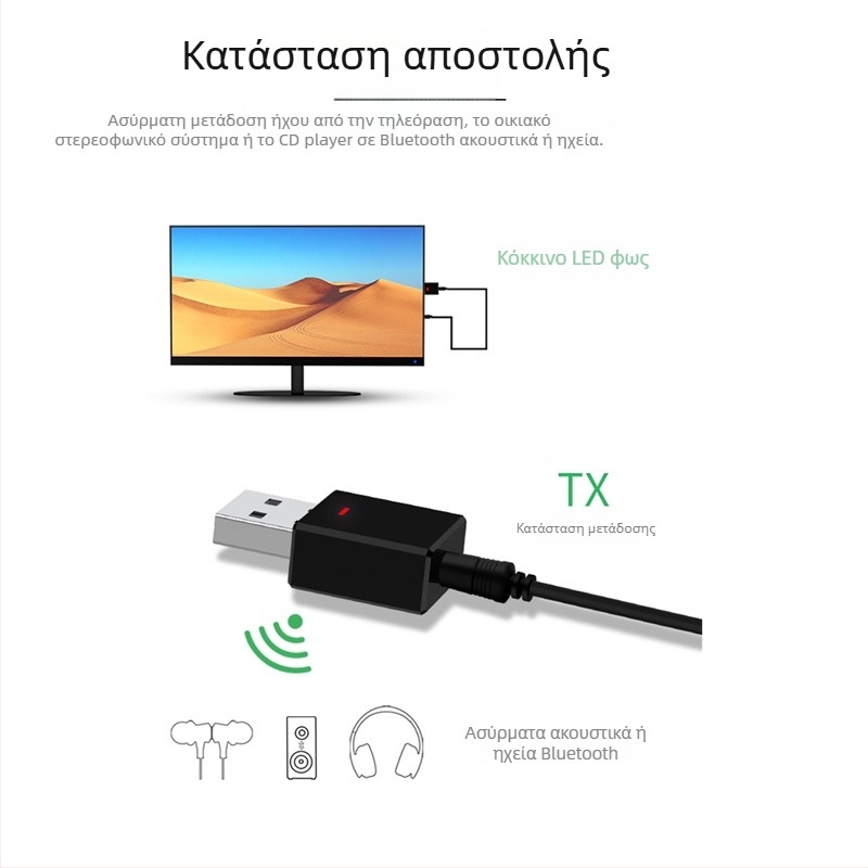 Bluetooth 5.0 2-σε-1 Ακουστικός Δέκτης/Μετατροπέας USB για Αυτοκίνητο/Τηλεόραση/Υπολογιστή, Plug-and-Play, Χωρίς Οδηγούς, Εμβέλεια 10 μ