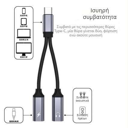 Type-C 1-σε-2 προσαρμογέας ήχου και φόρτισης για ακουστικά και κινητά τηλέφωνα – Android universal