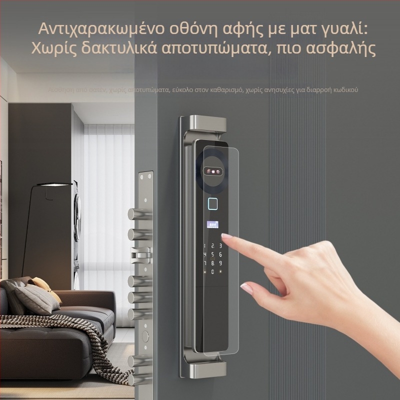 Έξυπνο κλειδαριά πόρτας με αποτύπωμα, κωδικό και αναγνώριση προσώπου, βίντεο θυροτηλέφωνο με μάτι γάτας και παρακολούθηση σε πραγματικό χρόνο — αποθήκευση αποτυπωμάτων 100; >2000 ξεκλειδώσεις; σάρωση <0.1s; 3D πρόσωπο + ημιαγωγικός αποτύπωμα