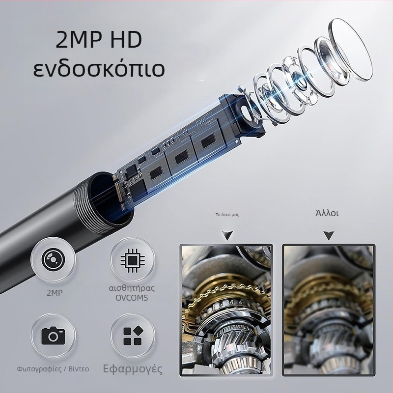 Ενδοσκοπική κάμερα για μηχανικά μέρη, πεδίο προβολής 70°, IP67 αδιάβροχο, μήκος εργασίας 100 cm, ανάλυση 1920x1440, LED φως, για επισκευές αυτοκινήτων και βιομηχανικούς ελέγχους