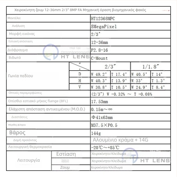 Βιομηχανικός φακός για μηχανική όραση, 12-36mm, C-mount, χειροκίνητο ζουμ, αισθητήρας 2/3 ιντσών, ελάχιστη απόσταση εστίασης 0,15 m