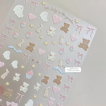 Στικέρ μανικιούρ 3D ανάγλυφο – Good Night Jenny, καρτούν σχέδιο με λαγουδάκι και αρκούδα για νύχια, θήκη τηλεφώνου και κάμερα