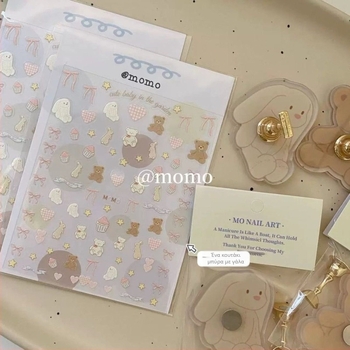 Στικέρ μανικιούρ 3D ανάγλυφο – Good Night Jenny, καρτούν σχέδιο με λαγουδάκι και αρκούδα για νύχια, θήκη τηλεφώνου και κάμερα