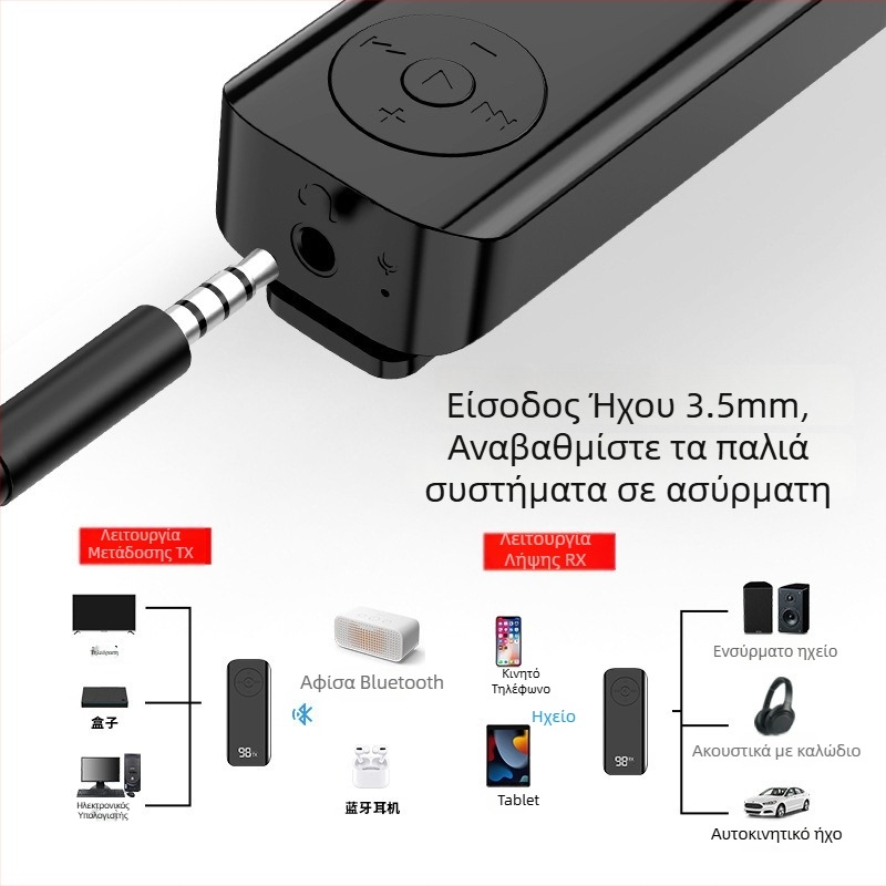 Bluetooth 5.3 μετασχηματιστής ήχου με ψηφιακή οθόνη - Lavalier αντάπτορας, AUX 3.5 mm, Plug-and-Play, χωρίς εξωτερική τροφοδοσία, εμβέλεια 10 m, 100 Mbps