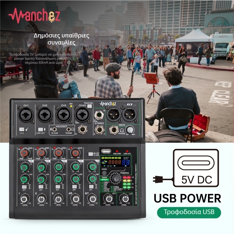 URX 7-καναλική OTG κάρτα ήχου και μίκτης για κινητό live streaming και επαγγελματική ηχογράφηση σε PC.