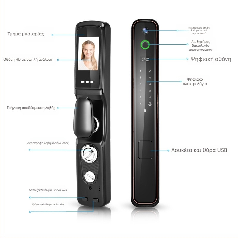 Έξυπνη κλειδαριά με αποτύπωμα και ορατό μάτι πόρτας, μοντέλο Z29; αποθηκεύει 100 αποτυπώματα; έως 100000 ξεκλειδώσεις; χρόνος σάρωσης <0.025s; 1:1 αντιστοίχιση