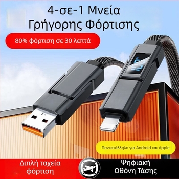 Καλώδιο δεδομένων 4-σε-1 με γρήγορη φόρτιση – Lightning και USB-C, διπλής διακλάδωσης σχεδιασμός, 100W, κράμα ψευδάργύρου