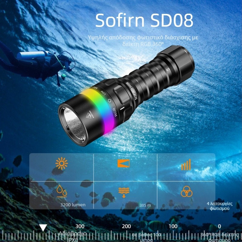 Sofirn SD08 Φακός κατάδυσης με SST70 LED, 3200 lm, 21700 Μπαταρία, Αλουμινένιο κράμα