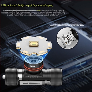 Καταδυτικός φακός κεφαλής με LED λέιζερ, 30W, επαναφορτιζόμενος, μαγνητικός διακόπτης
