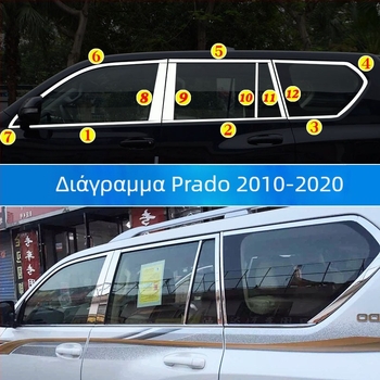 Διακοσμητικές λωρίδες περιγράμματος παραθύρων για Toyota Prado/Land Cruiser (2004–2020) – αυτοκόλλητες διακοσμητικές επικολλήσεις αμαξώματος