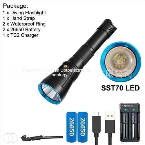 Φακός κατάδυσης SST70/XHP70 LED, διπλής χρήσης για νερό και ξηρά, ένδειξη ισχύος, σώμα από αλουμίνιο