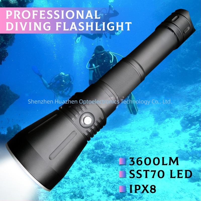 Φακός κατάδυσης SST70/XHP70 LED, διπλής χρήσης για νερό και ξηρά, ένδειξη ισχύος, σώμα από αλουμίνιο