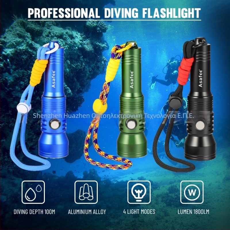 Υποβρύχιο φακό κατάδυσης — 2000 lumen, διακόπτης με οθόνη ισχύος, κράμα αλουμινίου, Asafee