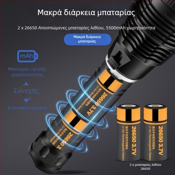 Χειρολαβής υποβρύχιος φακός, 3000 lm, επαναφορτιζόμενος, μπαταρία 26650, 4.2 V, αδιάβροχος