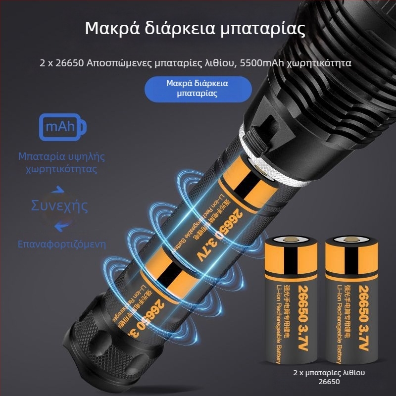 Χειρολαβής υποβρύχιος φακός, 3000 lm, επαναφορτιζόμενος, μπαταρία 26650, 4.2 V, αδιάβροχος