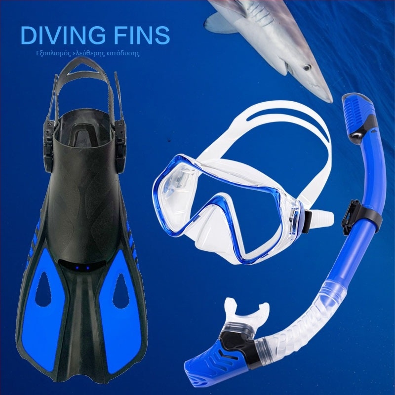 Σετ σνόρκελινγκ ενηλίκων: μάσκα, πλήρως στεγνός σωλήνας, ρυθμιζόμενα κοντά πτερύγια — Υλικό: Σιλικόνη, TPR, Tempered Glass; Κωδικός: MSF01; Διασυνοριακή εξαγωγή: Ναι; Ιδία μάρκα: Ναι