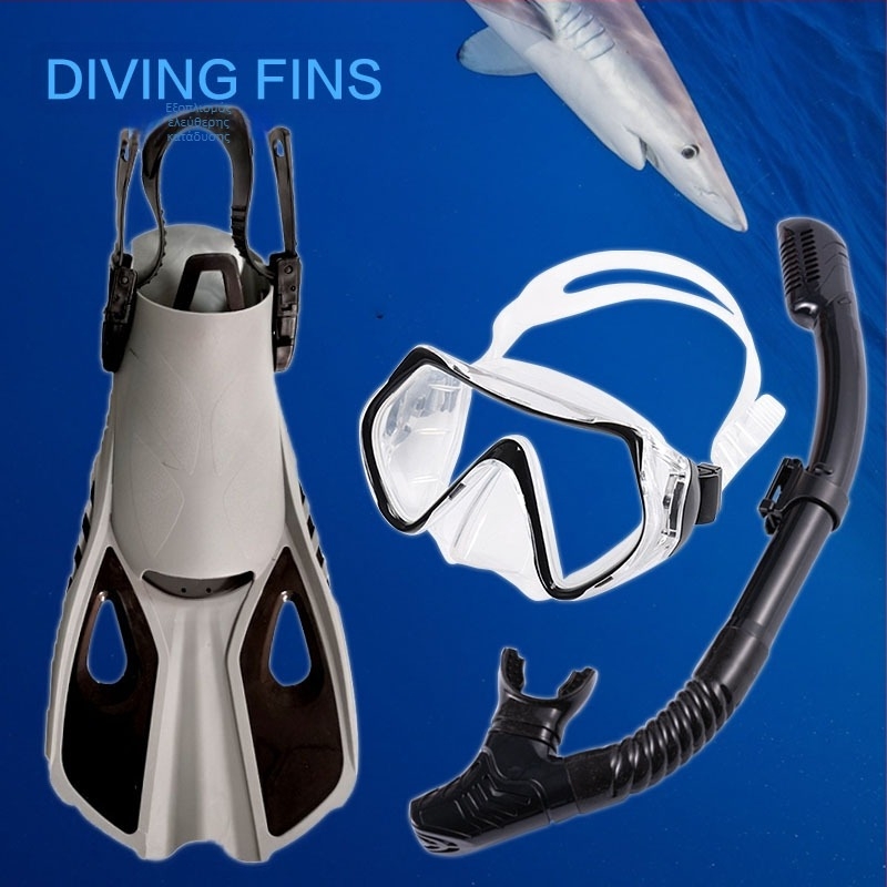 Σετ σνόρκελινγκ ενηλίκων: μάσκα, πλήρως στεγνός σωλήνας, ρυθμιζόμενα κοντά πτερύγια — Υλικό: Σιλικόνη, TPR, Tempered Glass; Κωδικός: MSF01; Διασυνοριακή εξαγωγή: Ναι; Ιδία μάρκα: Ναι