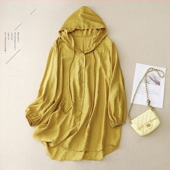 Γυναικείο πουκάμισο με κουκούλα και μακριά μανίκια, προστασία από τον ήλιο, μίξη βαμβακιού-λίνου με κάνναβη, καλοκαιρινό χαλαρό cardigan