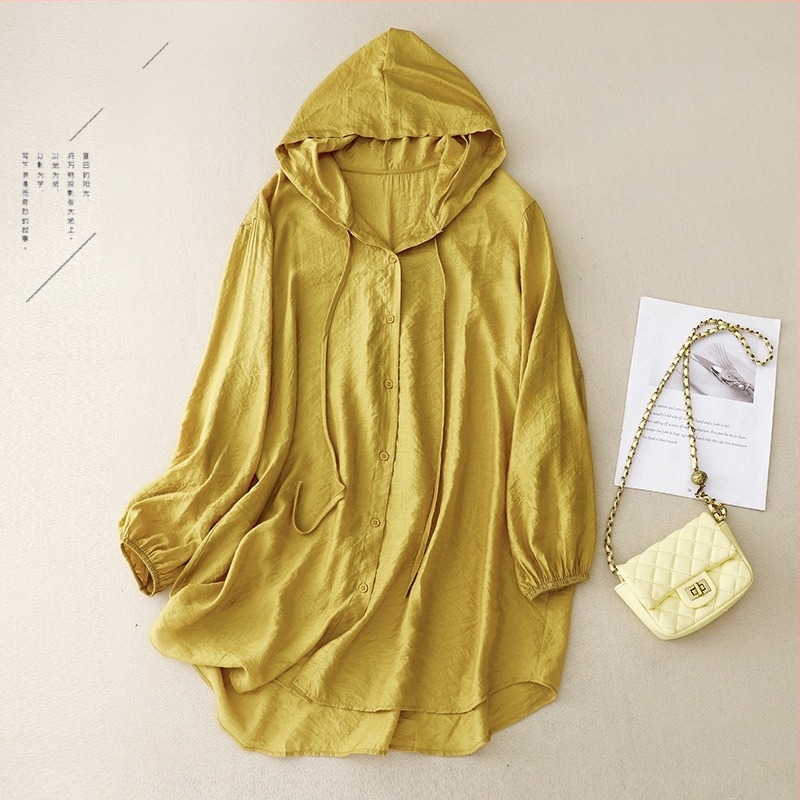 Γυναικείο πουκάμισο με κουκούλα και μακριά μανίκια, προστασία από τον ήλιο, μίξη βαμβακιού-λίνου με κάνναβη, καλοκαιρινό χαλαρό cardigan