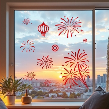 PVC ηλεκτροστατικό αυτοκόλλητο παραθύρου για γυάλινες πόρτες — Νέα Χρονιά 2026, Φωτεινά πυροτεχνήματα του Αλόγου, εορταστικό μοτίβο, με δυνατότητα προσαρμογής