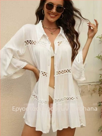 Γυναικείο κάλυμμα παραλίας με προστασία από τον ήλιο, μακρύ μήκος 80–100 cm, ύφασμα από τεχνητό βαμβάκι 95%+, μανίκια τριών τετάρτων, λεπτό ύφασμα, UPF30+