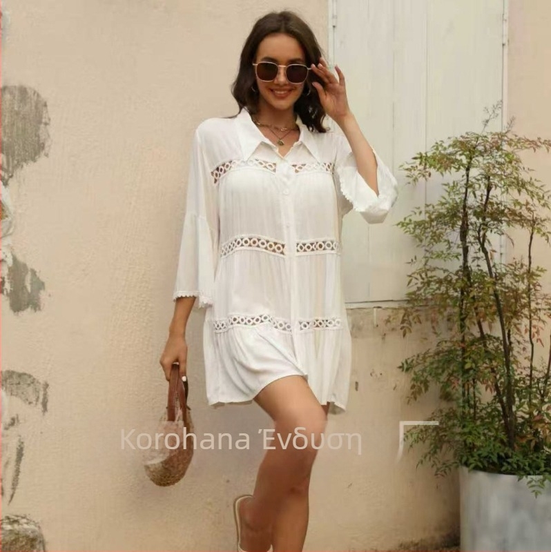 Γυναικείο κάλυμμα παραλίας με προστασία από τον ήλιο, μακρύ μήκος 80–100 cm, ύφασμα από τεχνητό βαμβάκι 95%+, μανίκια τριών τετάρτων, λεπτό ύφασμα, UPF30+