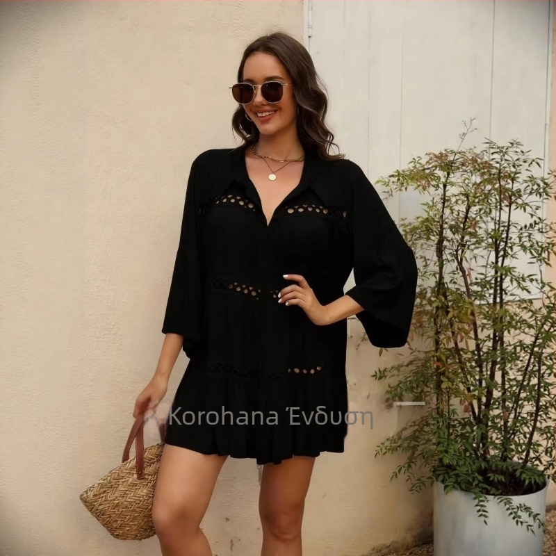 Γυναικείο κάλυμμα παραλίας με προστασία από τον ήλιο, μακρύ μήκος 80–100 cm, ύφασμα από τεχνητό βαμβάκι 95%+, μανίκια τριών τετάρτων, λεπτό ύφασμα, UPF30+