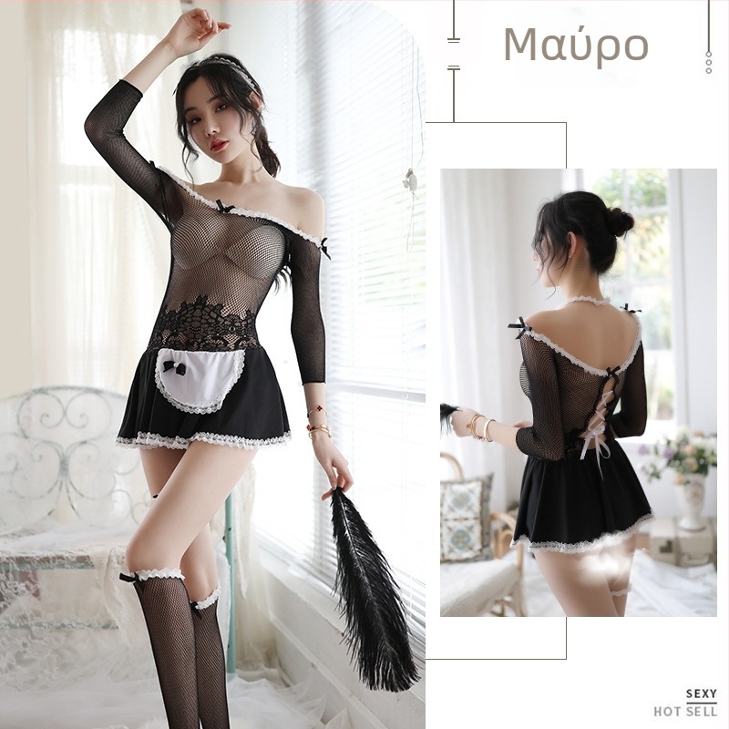 Σετ στολής υπηρέτριας – sexy σετ με διαφανές καλσόν, ύφασμα πολυεστέρα-σπαντεξ για γυναίκες
