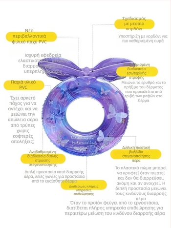 Παιδικό φουσκωτό δαχτυλίδι με πλάτη σε σχήμα πεταλούδας, κα cartoon σχέδιο, PVC φιλικό προς το περιβάλλον, πάχος 21 mil, χειροκίνητο φούσκωμα